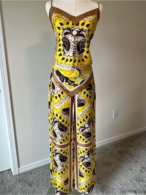 Valentino Yellow & Brown Printed Satin Jumpsuit